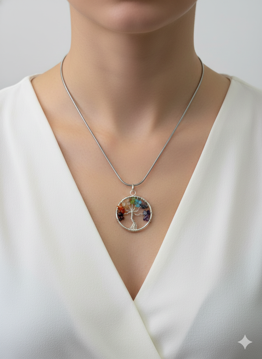 Colgante Árbol de la Vida Chakras en Baño de Plata