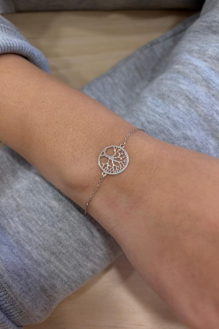 Pulsera De Cadena Fina Plateada Con Colgante Redondo De Árbol De La Vida